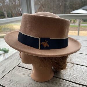 Pork Pie Tan Wool Fedora Black Band and Bee Embellishment Hat